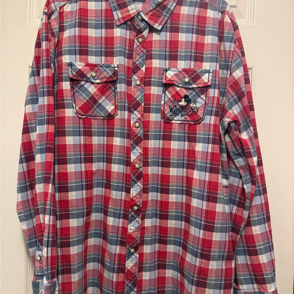 Men's Disney Red, White and Blue Plaid Shirt Classic Mickey Mouse